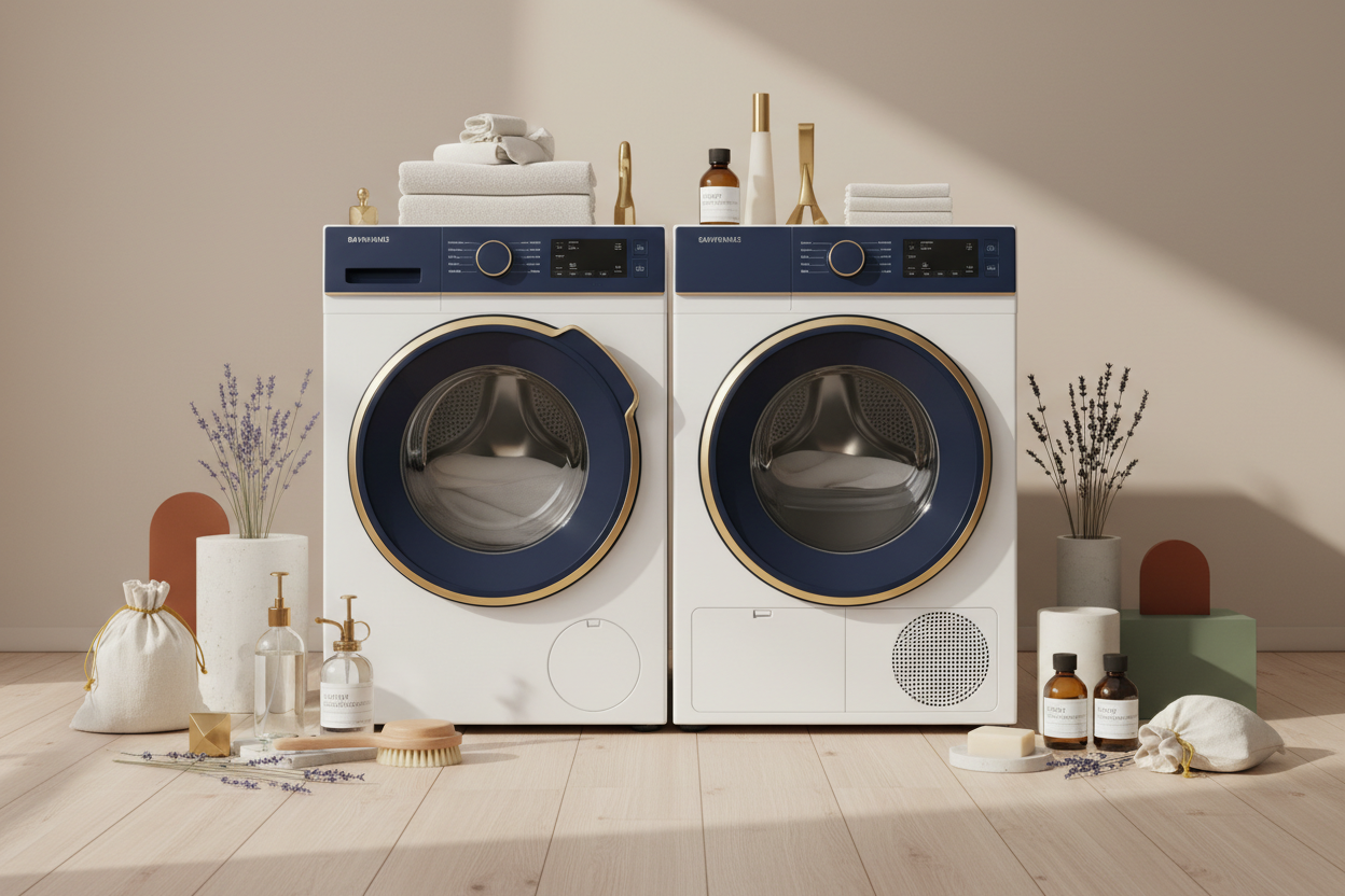 White washing machine and dryer with blue accents in a room with decorative items and cleaning essentials from Arrive Ready Clean Slate arrival kit.
