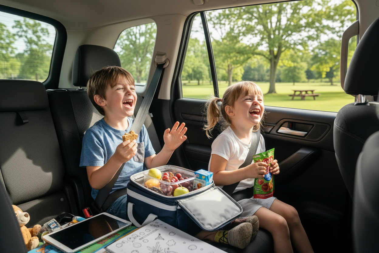 Two children laughing in the back seat of a car while traveling on vacation, each holding a snack. A blue and white lunch bag filled with fruit and snacks sits between them, with a tablet and schoolwork on the seat in front. Eating Arrive Rady snacks from the Snack Stash kit at their vacation rental.