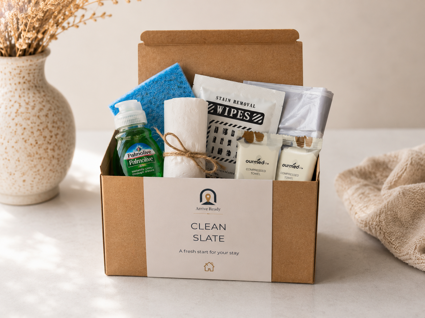 A curated cleaning kit gift box arrival kit by Arrive Ready, containing a green bottle of dish soap, stain remover, trash bags, compressed towels, napkins, and a blue sponge, presented in a kraft cardboard box on a tabletop. vacation rental