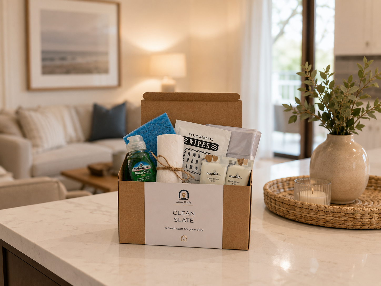 A curated home cleaning arrival kit gift box labeled 'Clean Slate' sits on a kitchen island in a bright, modern living room. The box contains a green bottle of dish soap, a blue sponge, white napkins, and other cleaning essentials. vacation rental, Arrive Ready, Arrival kits