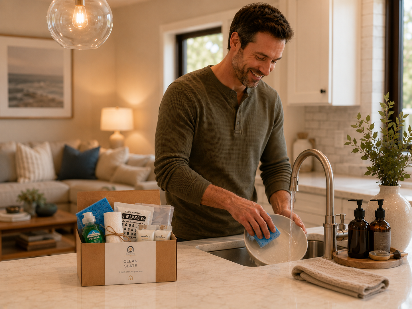 A man in a kitchen washes a plate at the sink while a kraft box of cleaning products sits on the counter nearby. The scene is warmly lit and styled like a modern home interior. Arrive Ready Clean Slate arrival kit, vacation rental