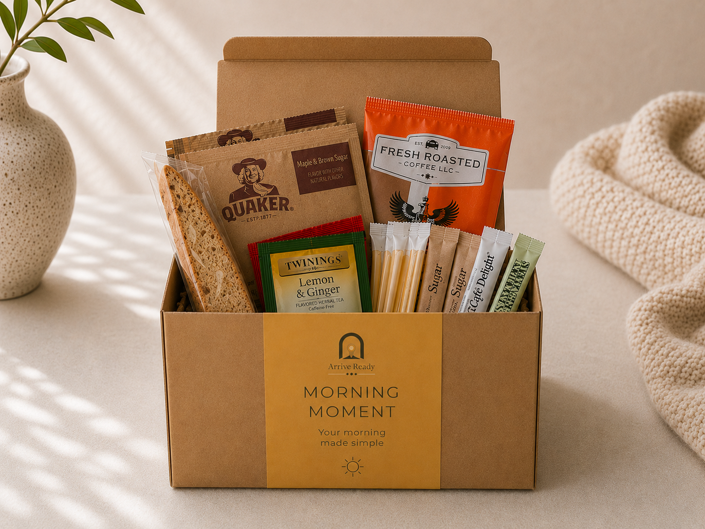 An image of the Arrive Ready Morning Moment arrival kit with images of coffee packet, oatmeal, biscotti, tea bags, honey, sugar and creamer packets. vacation rental use