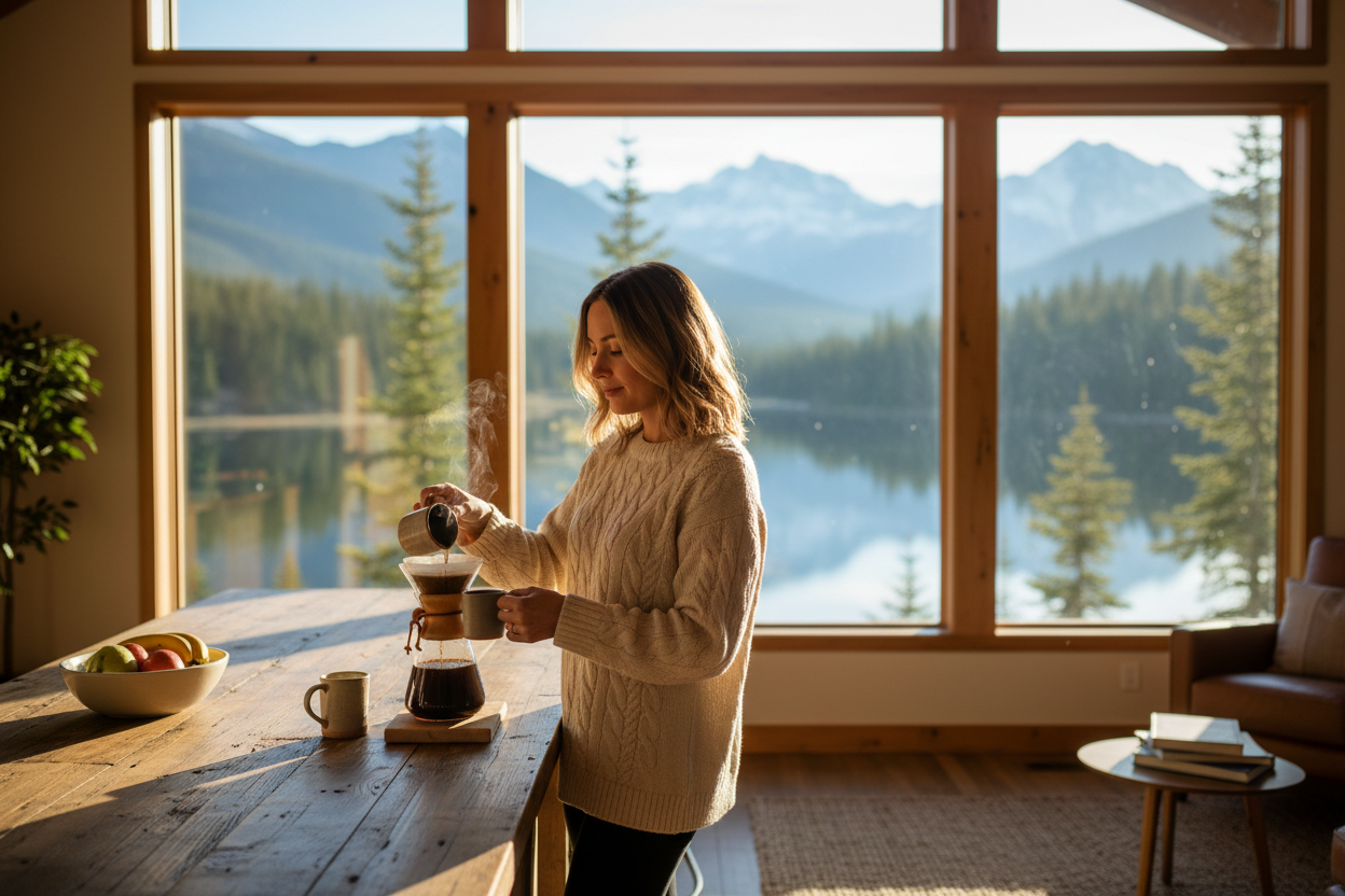 Woman making coffee in a cozy room with large windows overlooking a lake and mountains. vacation rental, morning moment, arrival kit, Arrive Ready