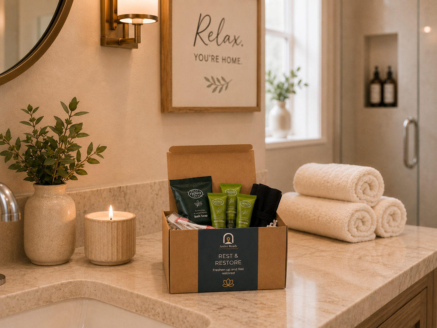 A Rest & Restore spa gift box arrival kit set on a bathroom counter, surrounded by rolled towels, a lit candle, and a potted plant. The box contains green and black personal essentials like shampoo, conditioner, a sleep face mask, toothbrush, toothpaste, soap. Arrive Ready. Freshen up and feel restored.