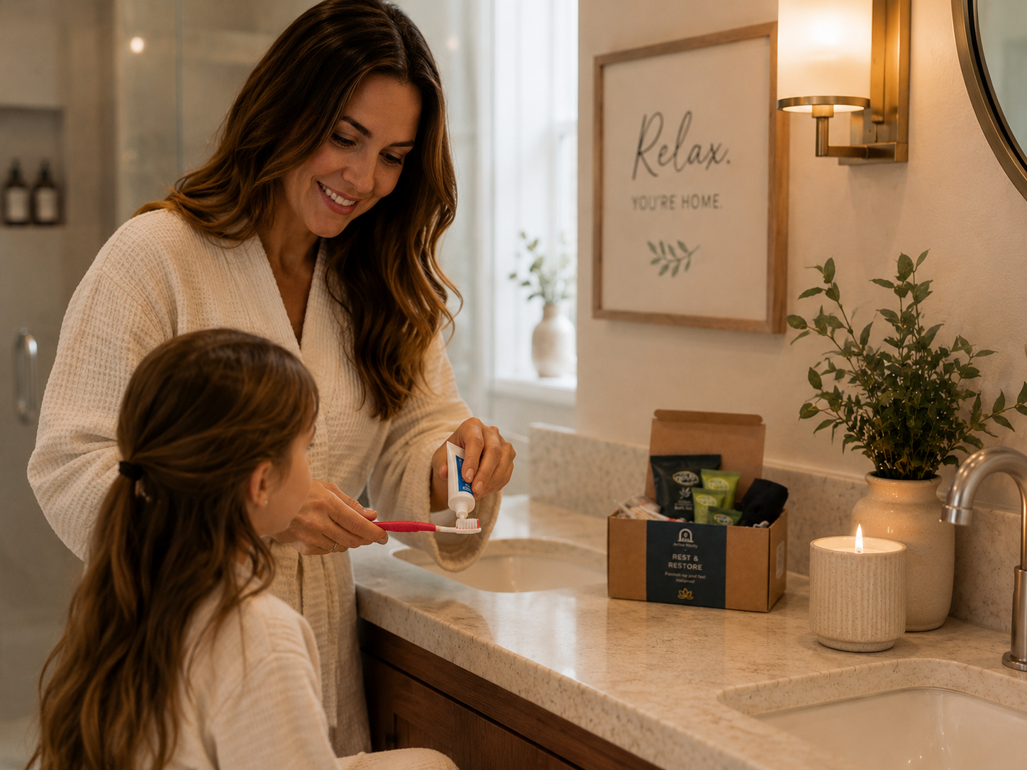 A woman and a young girl in white bathrobes stand at a bathroom counter, preparing to brush their teeth together. A small Arrive Ready arrival kit gift box labeled 'Relax & Restore' sits on the counter beside a lit candle, with a framed 'Relax YOU'RE HOME' sign and a wall sconce in the background.