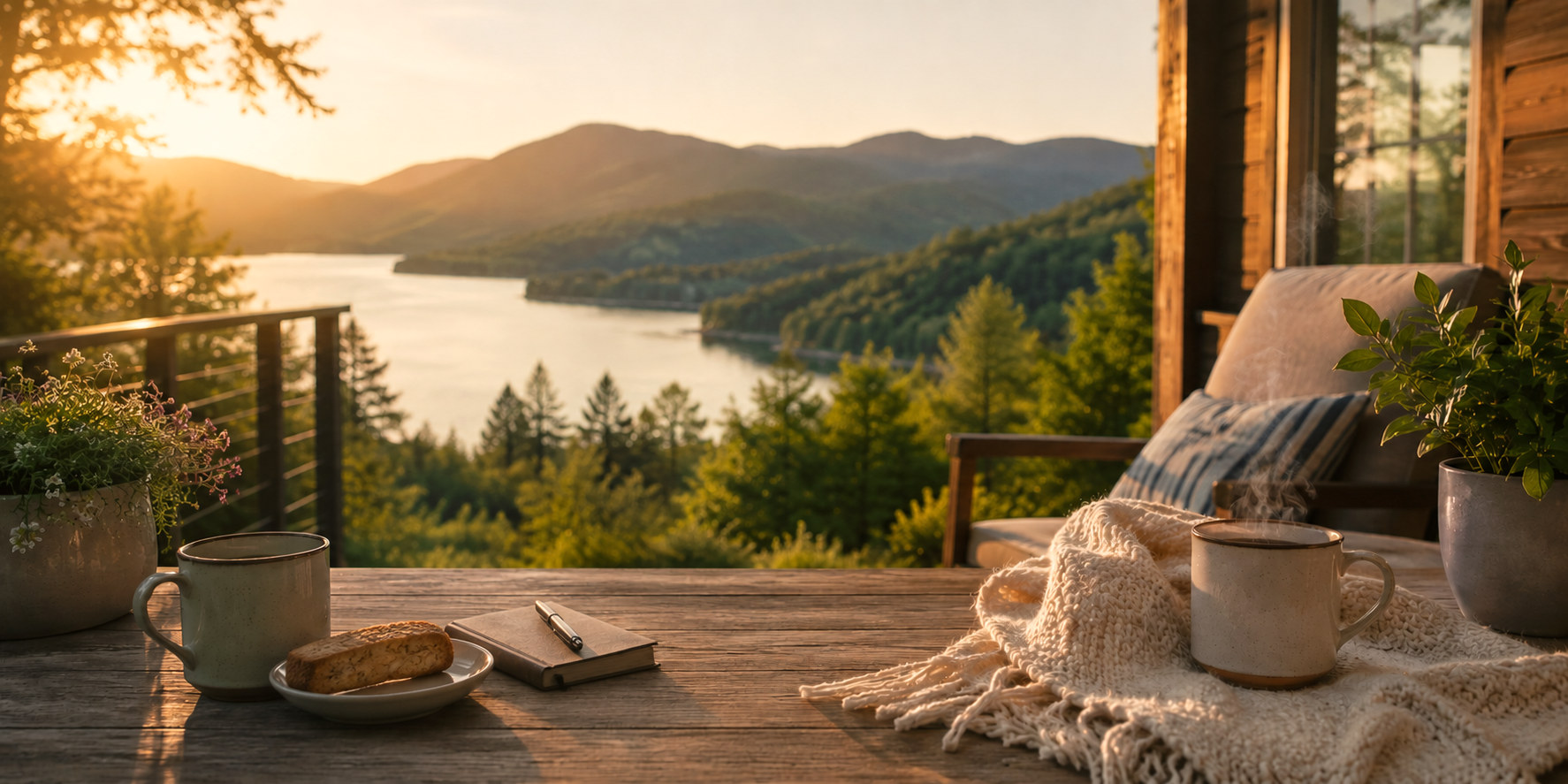 A cozy outdoor patio scene at sunset overlooking a mountain lake, with a wooden table holding mugs, a notebook, and a blanket, next to a cushioned chair and potted plants, morning coffee and biscotti at vacation rental.