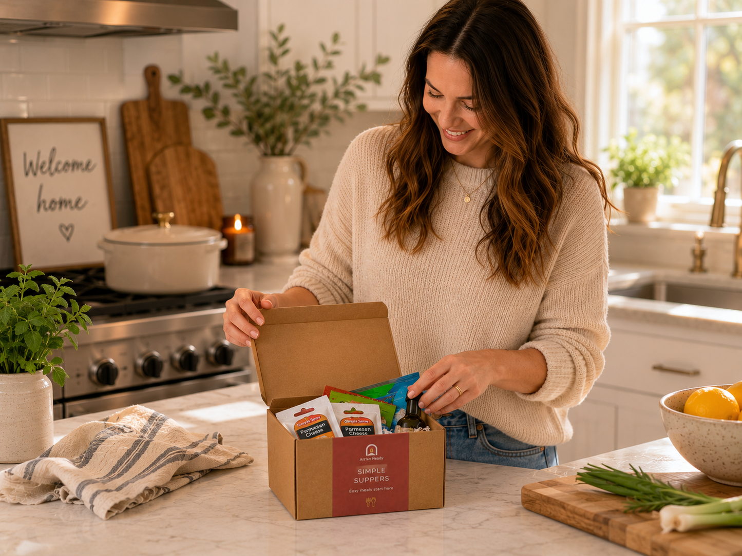A woman in a cozy kitchen setting opens a kraft gift box arrival kit labeled 'Simple Suppers Arrive Ready' to reveal colorful packaged ingredients inside to include parmesan cheese, olive oil, and spices.