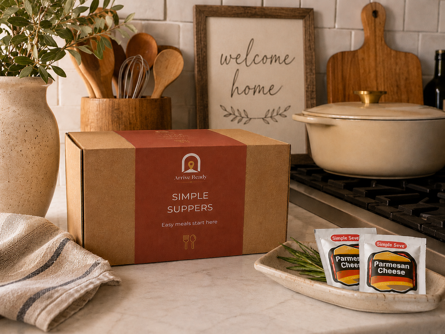 A kraft gift box arrival kit labeled 'Arrive Ready Simple Suppers' sits on a kitchen counter, with two small Parmesan cheese packets on a tray nearby and kitchen decor including a pot, cutting board, and wooden utensils in the background. vacation rentals, easy meals start here.