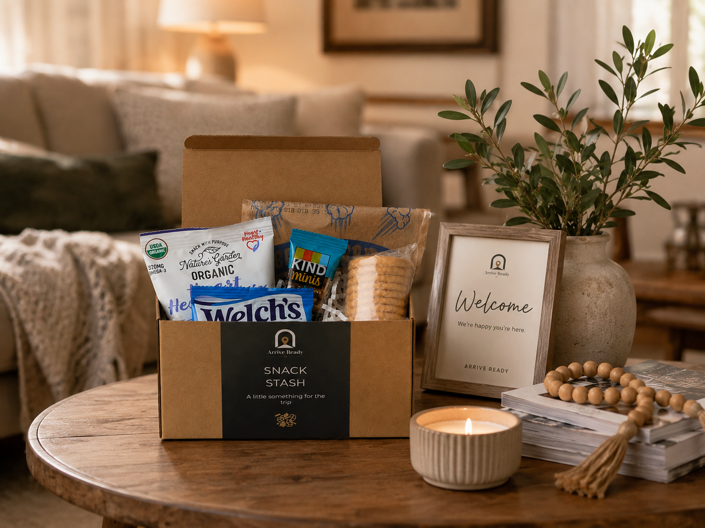 A curated snack box arrival kit labeled 'Snack Stash' sits on a round wooden table in a cozy living room setting. The open box contains assorted packaged snacks, including Welch's, KIND, and Nutri-Grain products, alongside a framed 'Welcome' sign, a lit candle, a stack of magazines, and a vase with greenery. Arrive Ready. A little something for the trip.