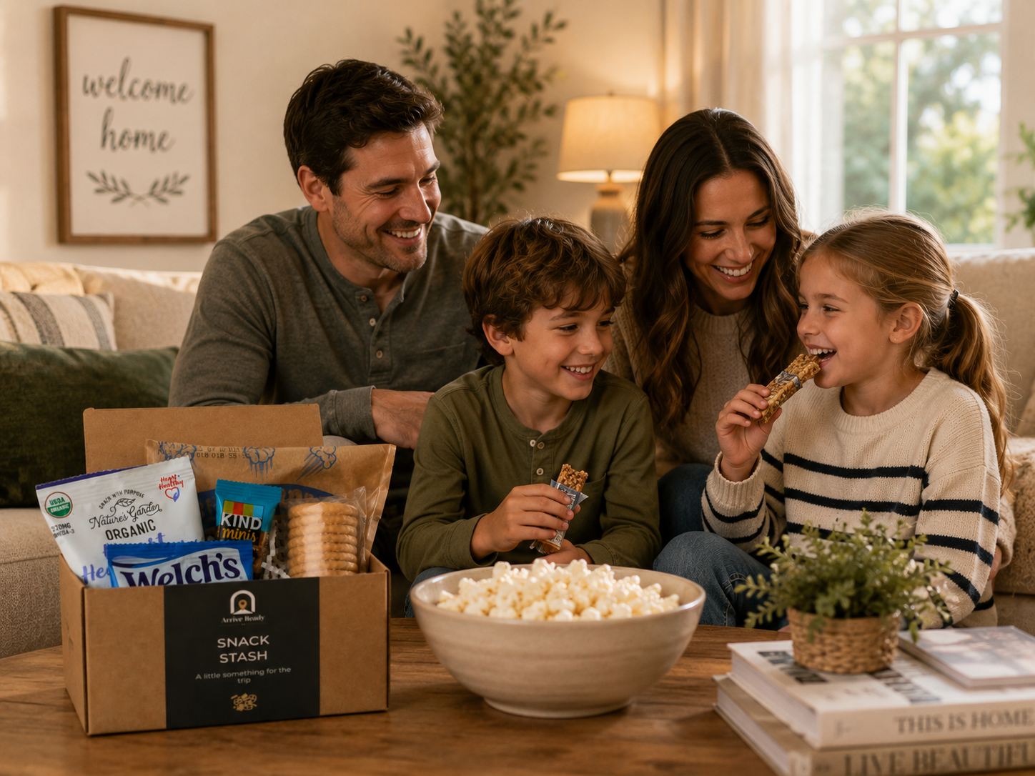 A family of four sits on a couch in a cozy living room, smiling around a kraft snack box arrival kit by Arrive Ready filled with packaged snacks and a bowl of popcorn on the table, kids are eating granola bars. A little something for the trip.