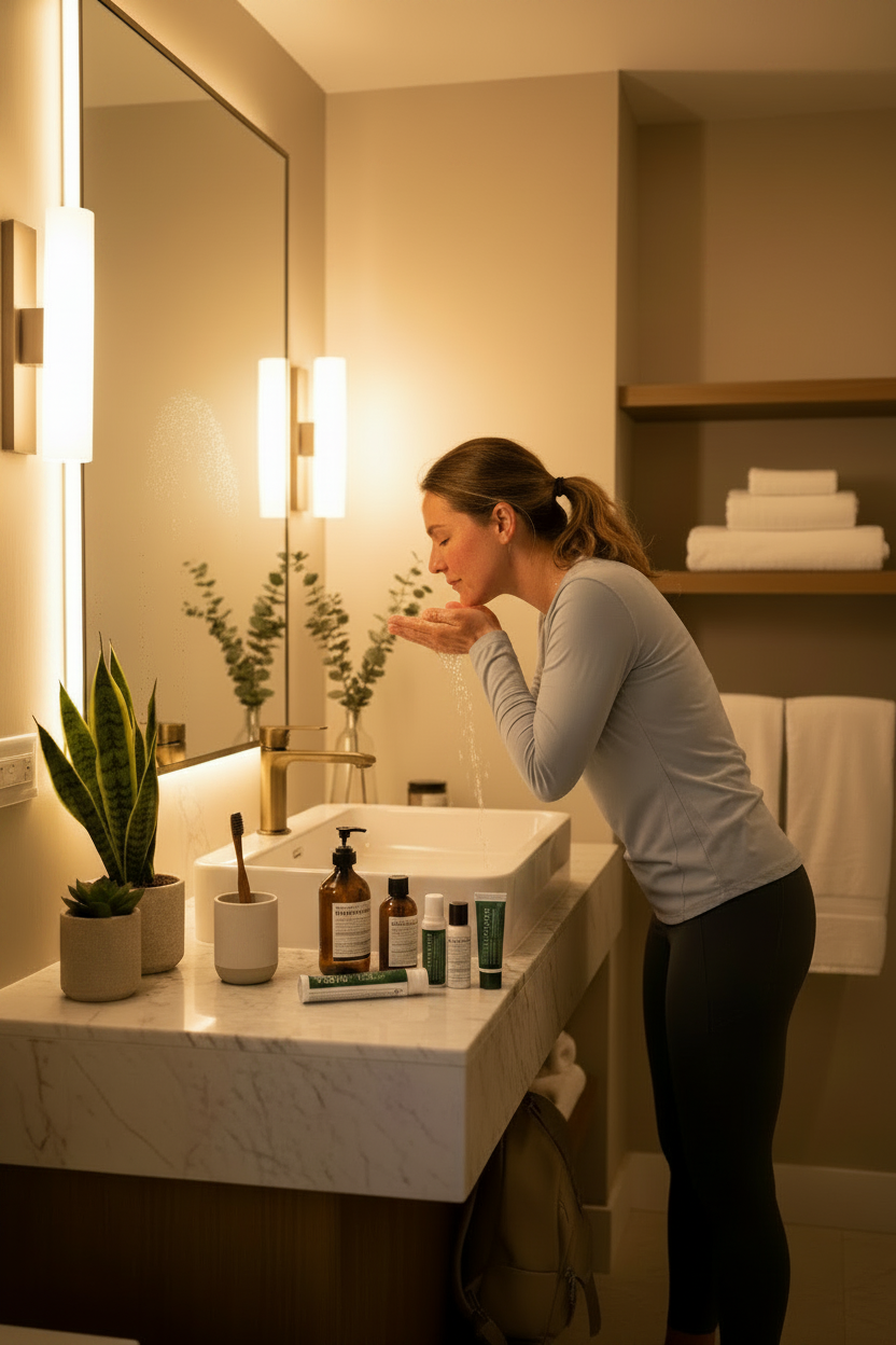 Woman washing up and restoring with Arrive Ready bath essentials from Rest & restore kit in a bathroom with a mirror and vanity at vacation rental.