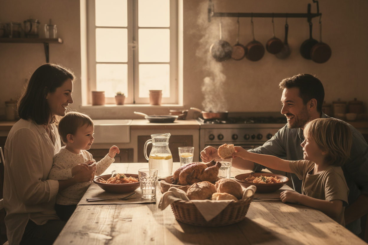 a family eating dinner they just cooked, Simple suppers, arrival kit, vacation rental, Arrive Ready, essentials
